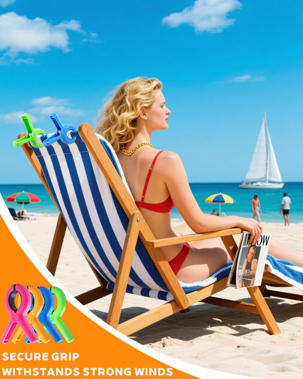 12 Pcs Beach Towel Clips for Beach Chairs, 3.7 Inch Clothes Pins for Cruise & Pool, Windproof Chair Clips for Towel Holder, 4 Colors