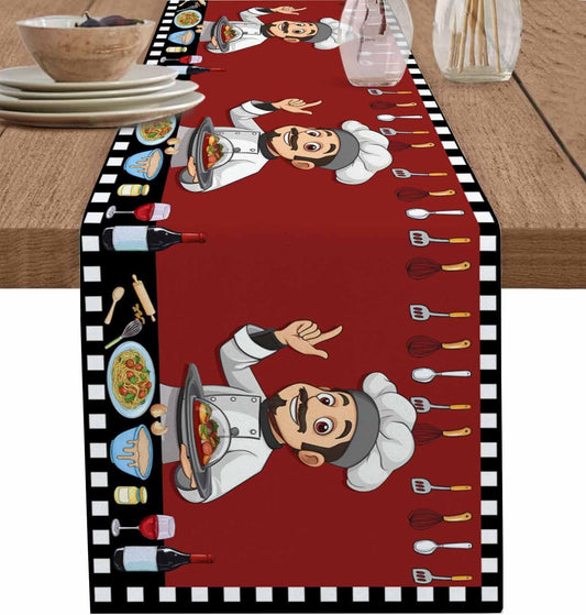 Red Chef Gourmet Cotton Linen Table Runner for Dining Kitchen, Wedding Outdoor Party Tablerunners Decoration, Black White Check Plaid Funny Kitchen Dresser Scarf Coffee Tablecloth Runners 13x36 Inches