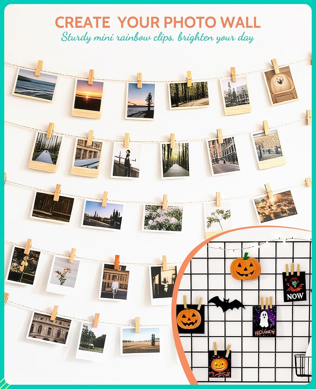 Mini Clothespins, Sopito 100 Pcs 1.4'' Strong Wooden Mini Clips for Photos with 10 Pcs Washi Tapes and 43 Ft Jute Twine, Colorful Small Clothes Pin for Picture, Crafts, Baby Shower