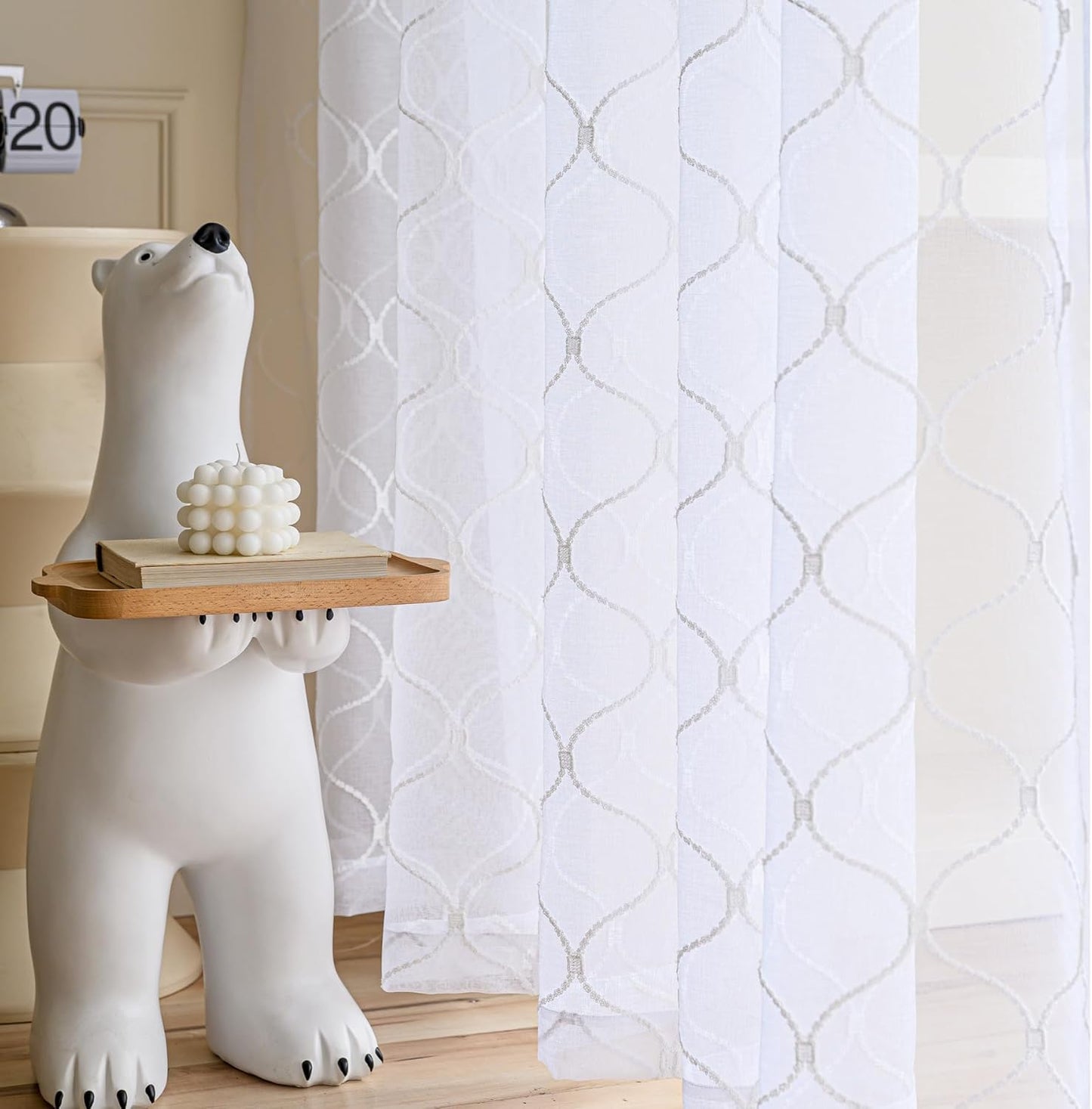 Embroidered Wave Diamond Sheer Curtains White 95 Inches, Window Treatments Rod Pocket Drapes for Living room, Bedroom, Semi Voile Curtain Panels for Yard, Patio, Villa, Parlor, Set of 2, 52"x95".