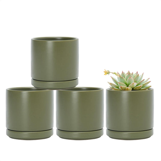 D'vine Dev Set of 4 Small Ceramic Plant Pots, 3.5 Inch Succulent Planter Pot for Plants with Drainage Hole and Saucer, Olive, 94-X-A-0