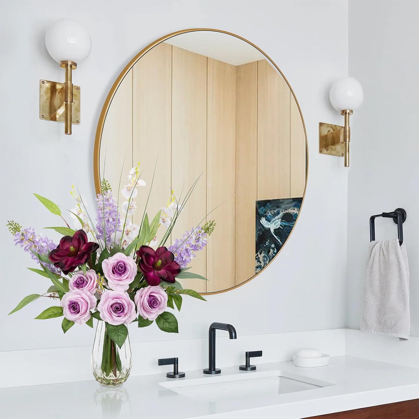 Briful Large Artificial Flowers Floral Arrangement, Mixed Purple Rose, Lilacs, White Orchids Potted Fake Silk Flowers in Clear Vase with Faux Water, Eucalyptus Stem Decor, Elegant Home Office Décor