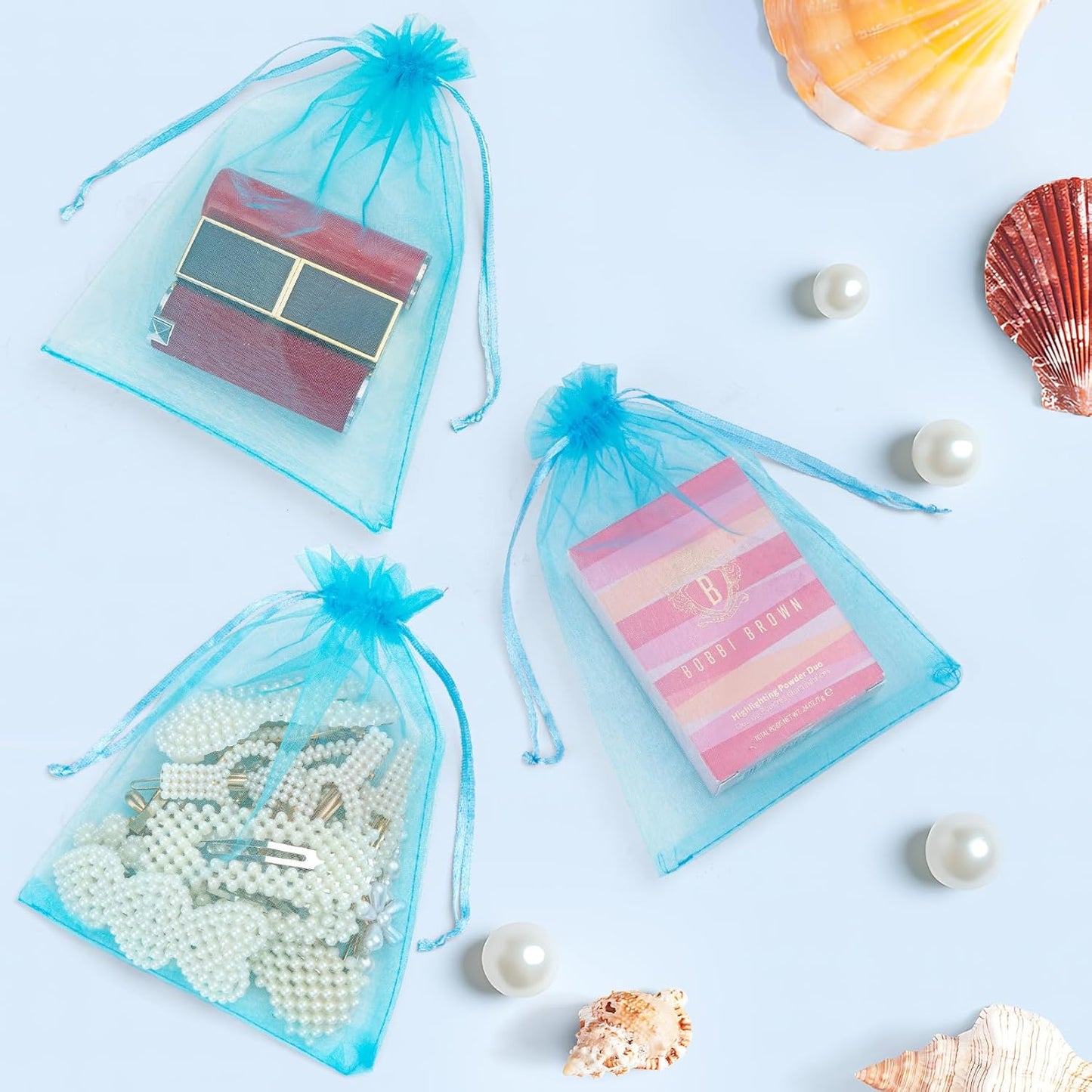 ANZNKU 50 Pack Organza Bags 4x6 Inch, Small Mesh Bag Drawstring Organza Gift Bags for Baby Shower, Party Favors(Lake Blue)