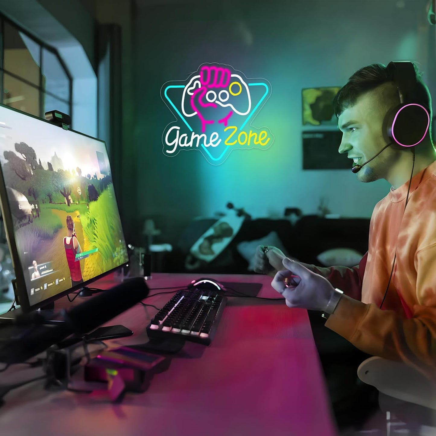 Game Zone Neon Sign Dimmable Gamer Neon Signs Gaming Led Signs for Game Room, USB Powered Colorful Neon Gaming Signs for Boys Room, Teen Room, Gifts for Gamer(15.3”x12.5”)
