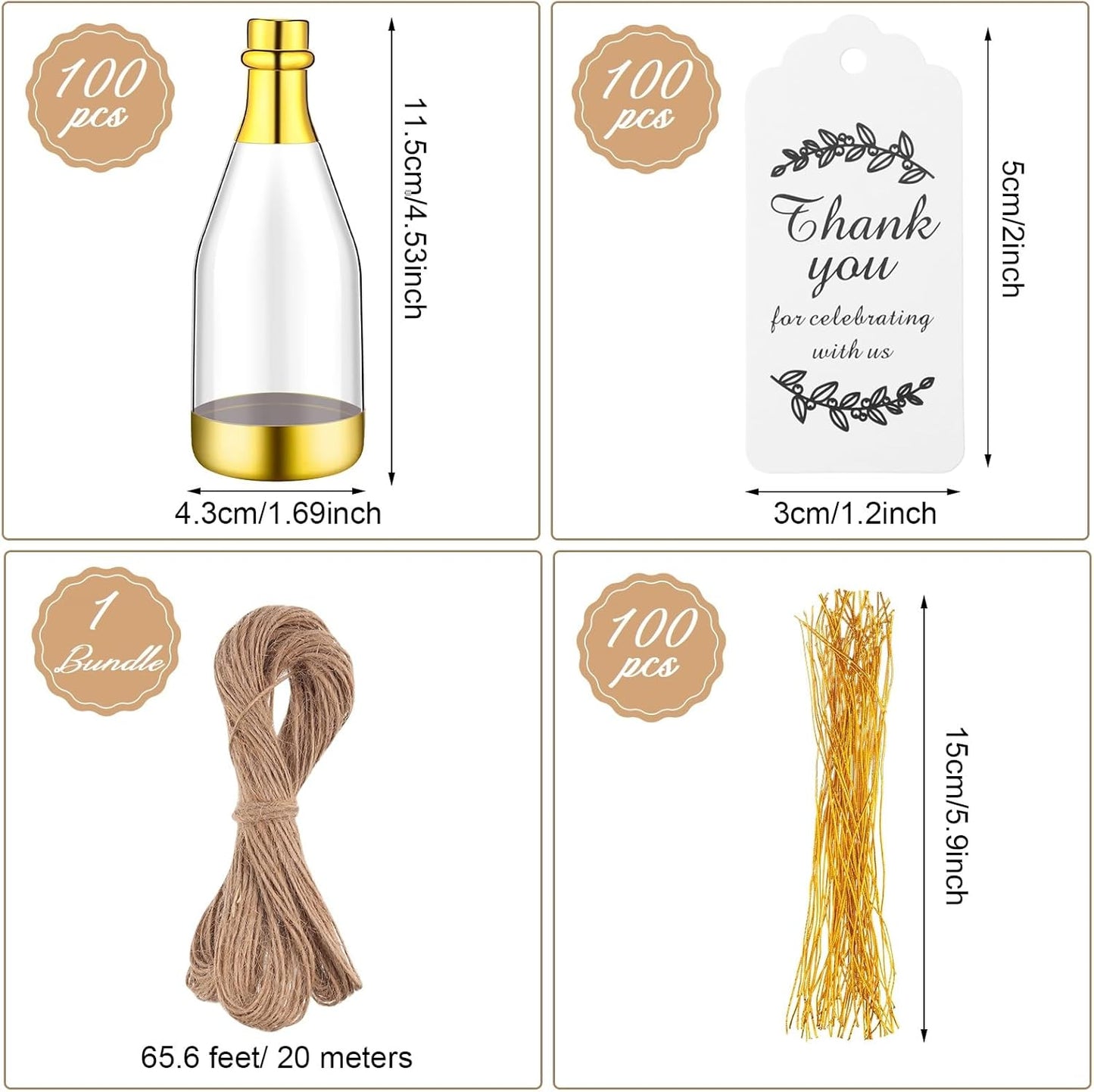 Gerrii 100 Pcs Metallic Mini Champagne Bottle Candy Container Shaped Jars Gold Plastic DIY Favor Candy Bottle Wedding Party Favor Containers with Gift Tags Gold Strings and 65.6ft Rope