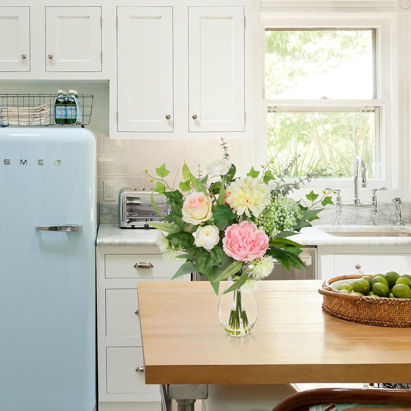 Briful Artificial Floral Arrangement with Faux Water – 19.7” Tall Mixed Peony, Rose, Dahlia & Eucalyptus Fake Flowers in Vase – Faux Flower in Glass Vase for Home Table Centerpiece Decoration