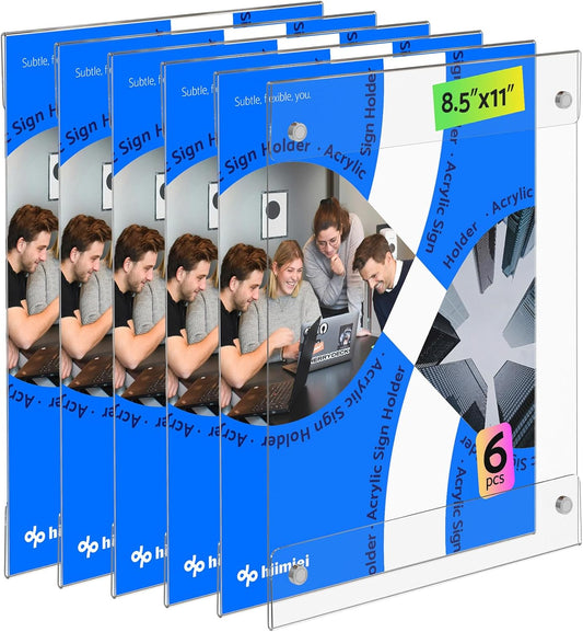 HIIMIEI Magnetic Acrylic Sign Holder 8.5 x 11 - Clear Document Paper Holders with 4 Corner Magnets, Vertical Photos Display Frames for Refrigerator, Office, Home, Classrooms (6 Pack)