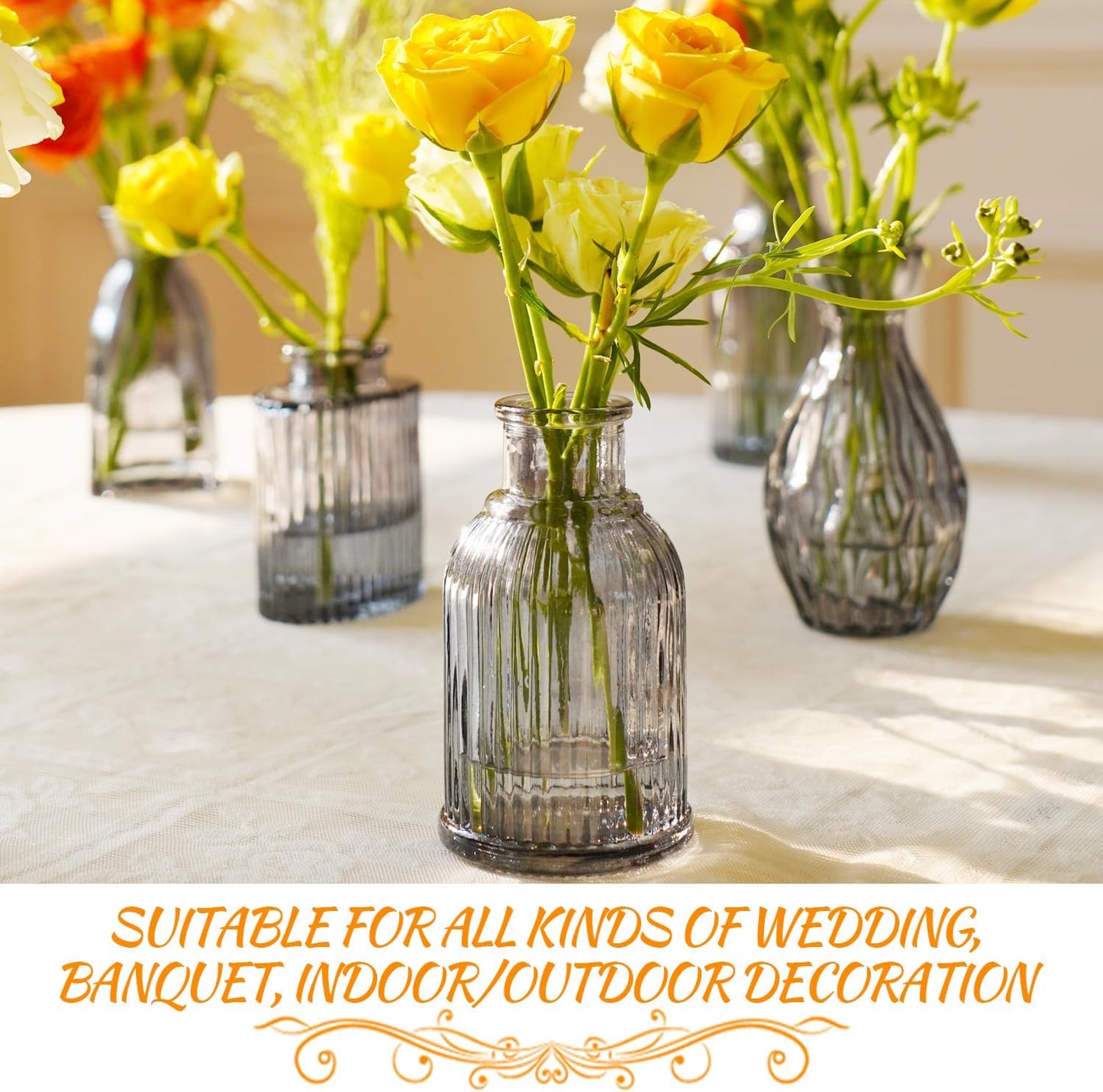 Bud Vases Set of 12, Black Vase Small Glass Vases for Flowers Modern Ribbed Amber Glass Bud Vase for Decor Flower Vase in Bulk Vintage Decor Boho Wedding Centerpieces Rustic Home Table Decoration