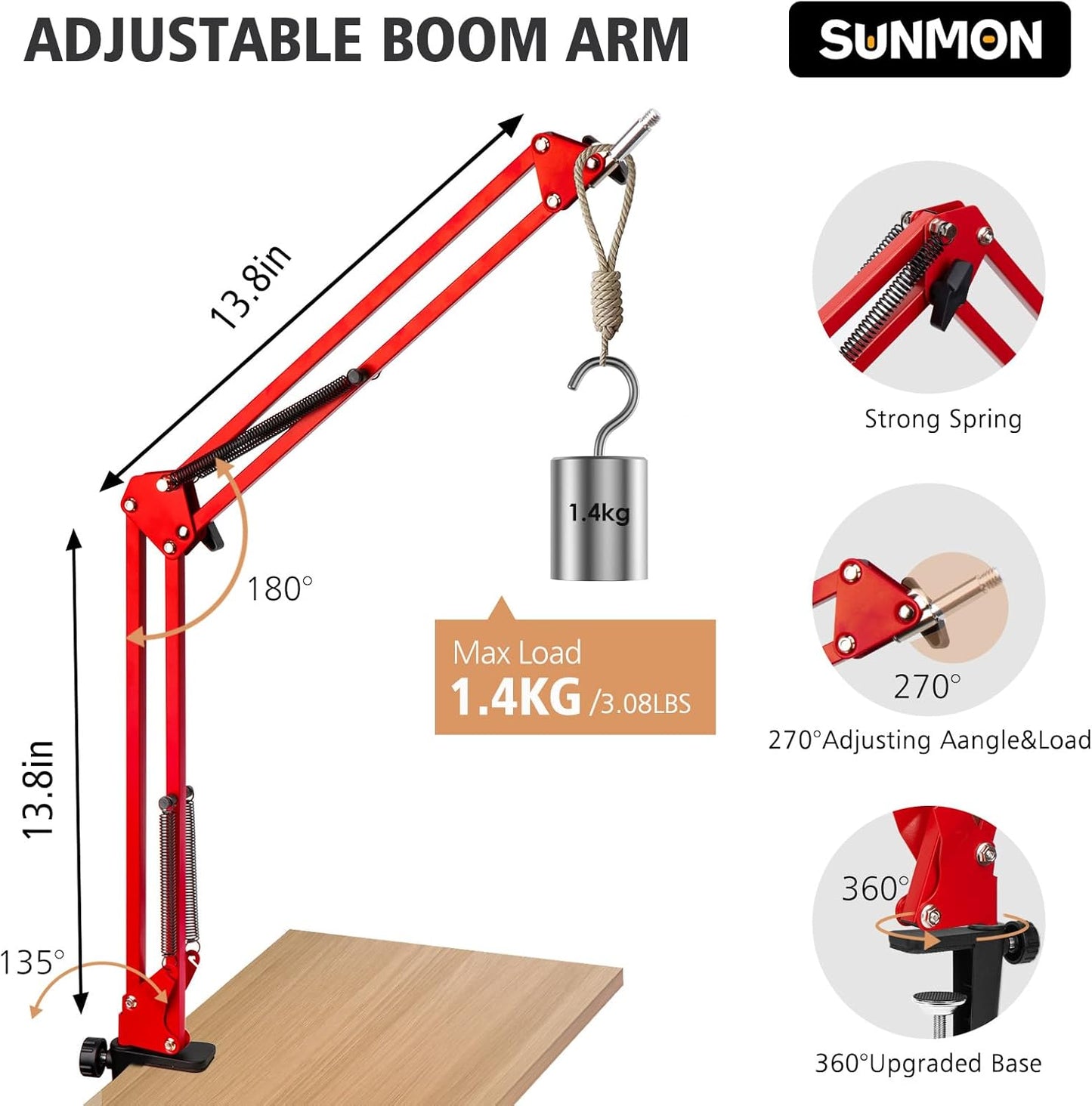 SUNMON HyperX QuadCast Boom Arm - Upgraded Red Boom Arm with Windscreen, Sound Insulation and Noise Reduction, HyperX QuadCast Microphone Arm with 3/8" to 5/8" Adapter