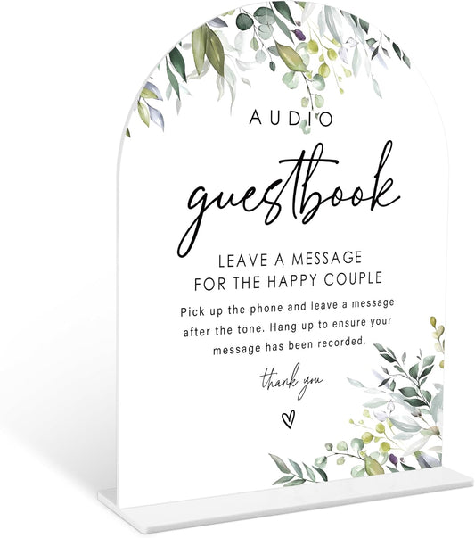 Greenery Audio Guest Book Sign, 6 x 8 Inch White Arch Acrylic Wedding Sign with Holder, Wedding Sign for Ceremony and Reception, Wedding Decoration, Wedding Supplies - LY29