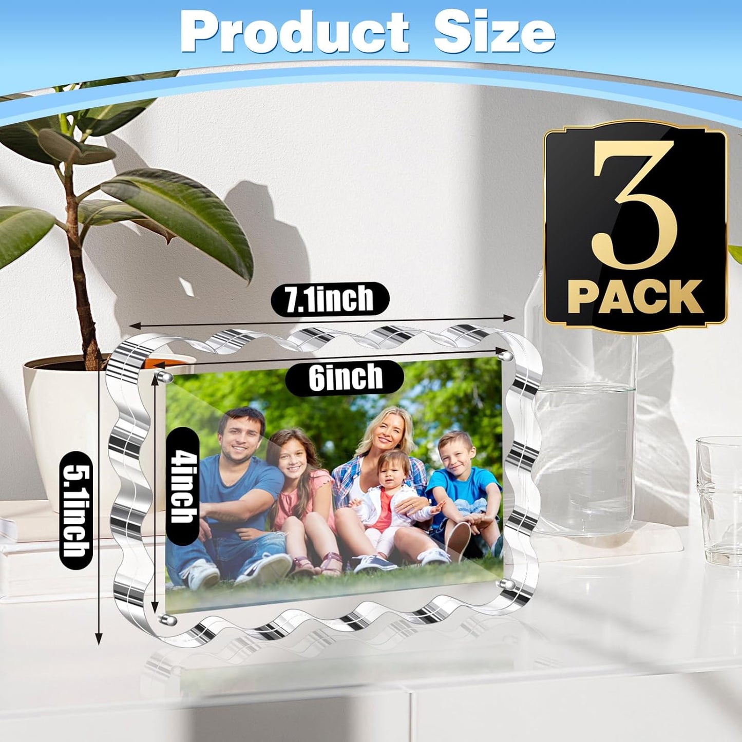 Aheroi Acrylic Picture Frames, 3 Pack 4x6 Clear Scalloped Photo Frame Freestanding Magnetic Double Sided Picture Frames, Transparent Thickened Frameless Acrylic Sign Holder, No Instal