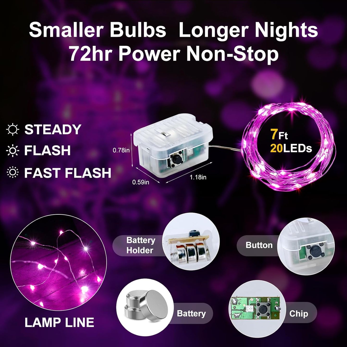 Aogist 12 Pack Fairy Lights 3 Modes 7ft 20 LED Waterproof,Battery Operated Silver Wire Firefly Starry Moon Mini String Lights for Mason Jars Christmas DIY Crafts Wedding Party Bedroom,Pink