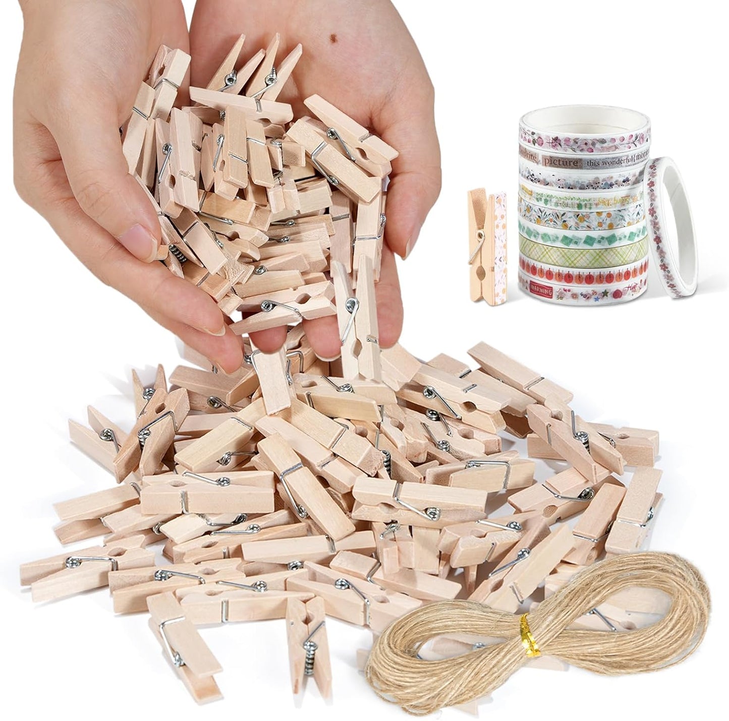 Mini Clothespins, Sopito 100 Pcs 1.4'' Strong Wooden Mini Clips for Photos with 10 Pcs Washi Tapes and 43 Ft Jute Twine, Colorful Small Clothes Pin for Picture, Crafts, Baby Shower