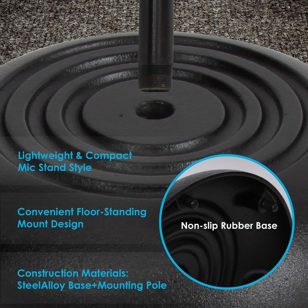 Pyle Adjustable Microphone Stand - Universal Mic Stand with Compact Heavy Base, Floor Standing Design, Height Adjustable, Pivot Angle Clip for Singing & Recording (2.8’ - 5’ ft., 9.8” Base Diameter)