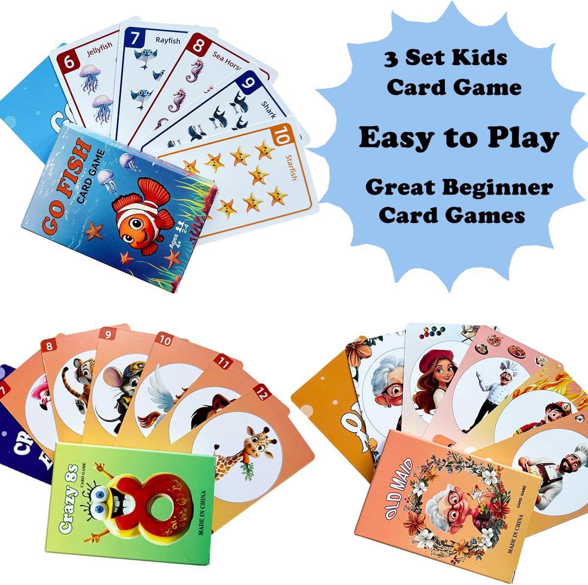 Card Games for Kids,Old Maid,Go Fish and Crazy 8's,3 Decks, Fun Family Classic Games, Holiday Birthday Gift
