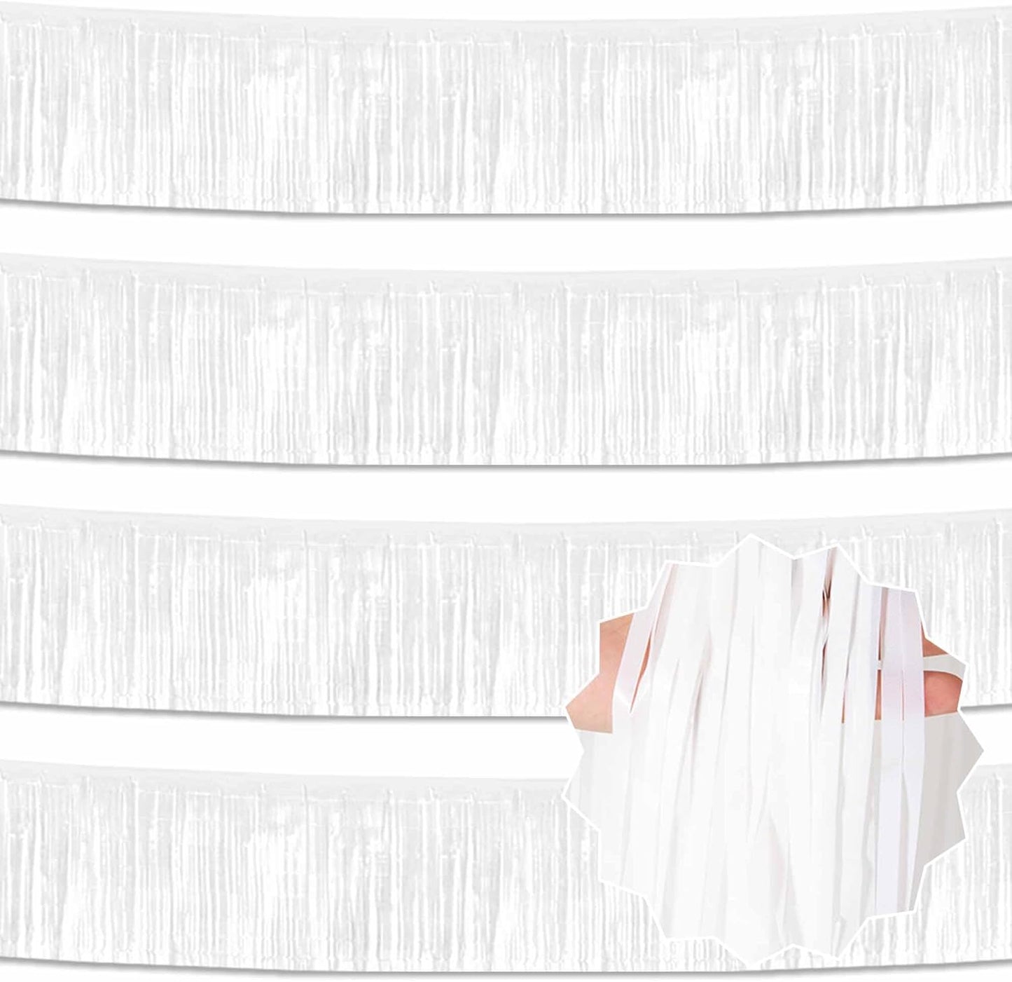 4 Pack 10 Ft Macaron White Foil Fringe Garland Metallic Streamers Tinsel Banner Wall Hanging Garland Backdrop for Parade Floats, Halloween, Christmas, Thanksgiving, New Year Party Decorations