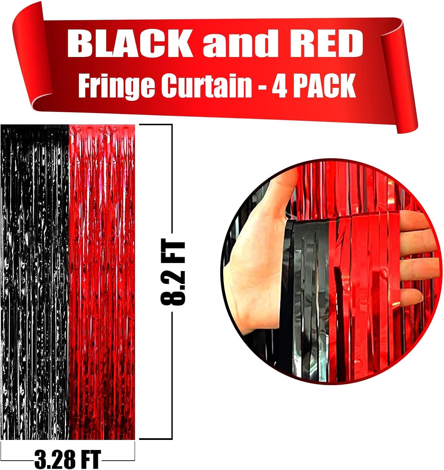 4 Pack Foil Fringe Curtain Backdrop, 3.28Ft x 8.2Ft Metallic Tinsel Foil Fringe Streamers for Photo Booth, Wedding, Casino Viva Las Vegas Game Night Birthday Party Decoration (Black Red)