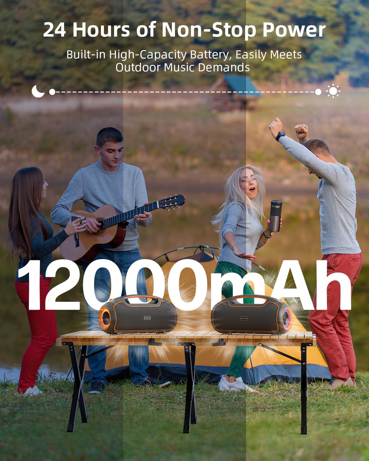 Portable Bluetooth Speakers Wireless Upgrade, 200W Peak Loud Sound/Deep Bass for Party, IP65 Waterproof Outdoor Speaker w/ 2*Subwoofer/2*Tweeter/DSP/Bass Boost/TWS/TF/USB/AUX, 24H Playtime