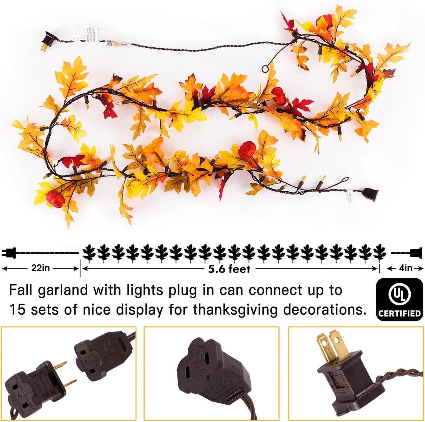 Maple Leaf String Lights Thanksgiving Decorations, Fall Garland Lights String with 35 Incandescent Bulbs for Connectable 15 Sets Display Indoor Outdoor Fall Decor Halloween Decorations