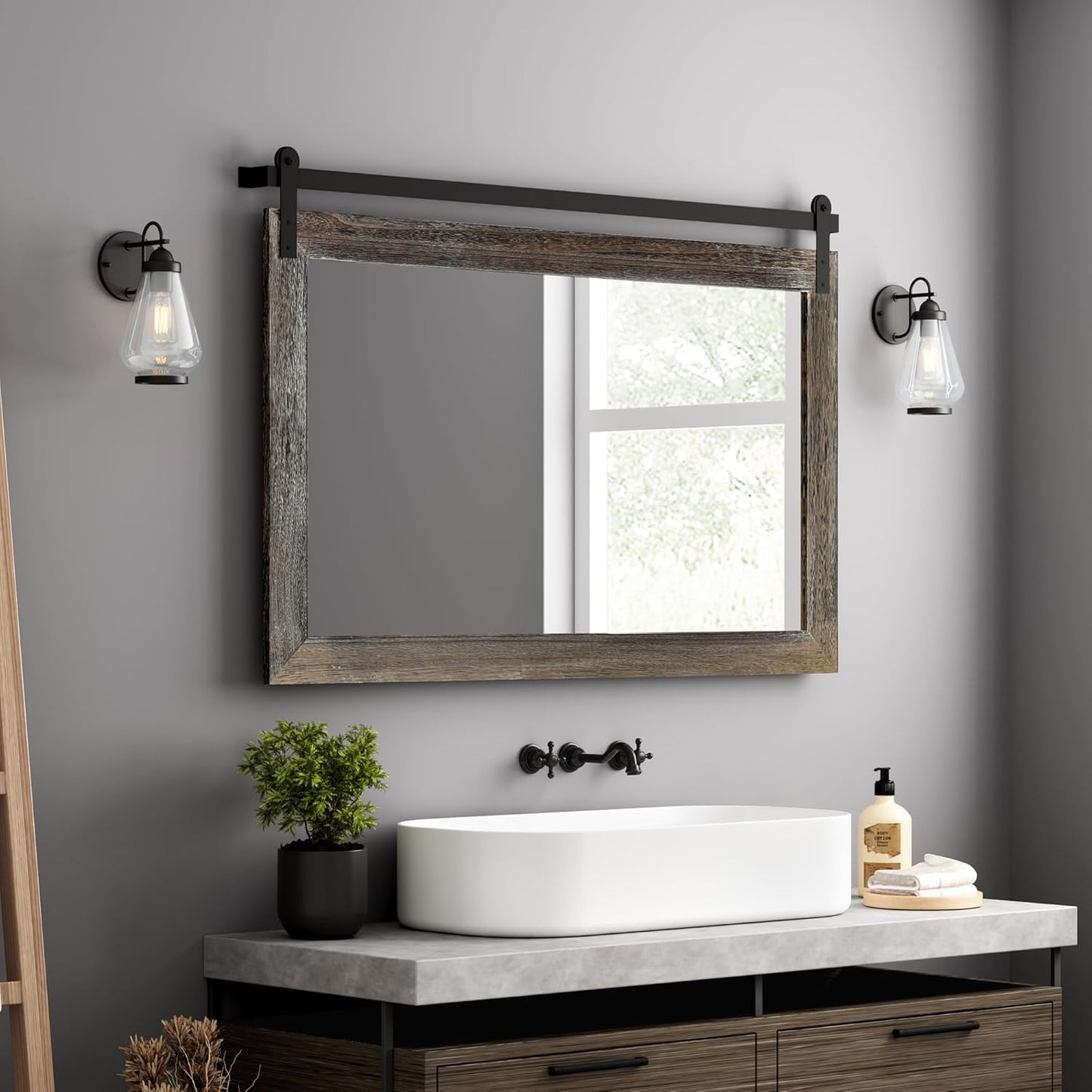 COGOOD Farmhouse Barn Door Mirror - 41" x 26" Rustic Wood Framed Wall Mirror for Bathroom, Living Room, Entryway Wall Decor (Speckled White)