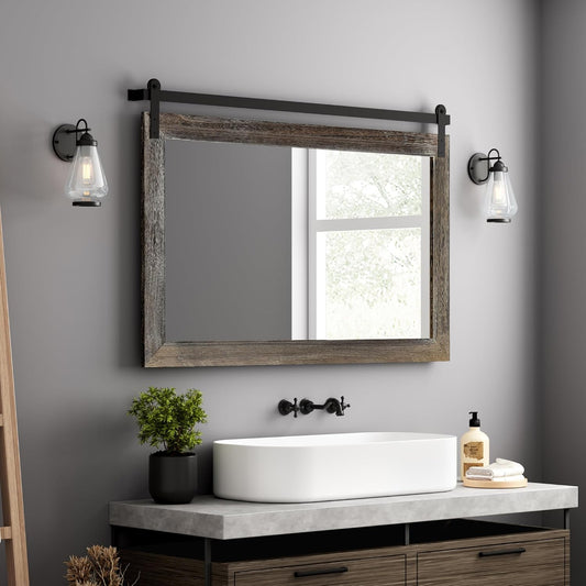 COGOOD Farmhouse Barn Door Mirror - 41" x 26" Rustic Wood Framed Wall Mirror for Bathroom, Living Room, Entryway Wall Decor (Speckled White)