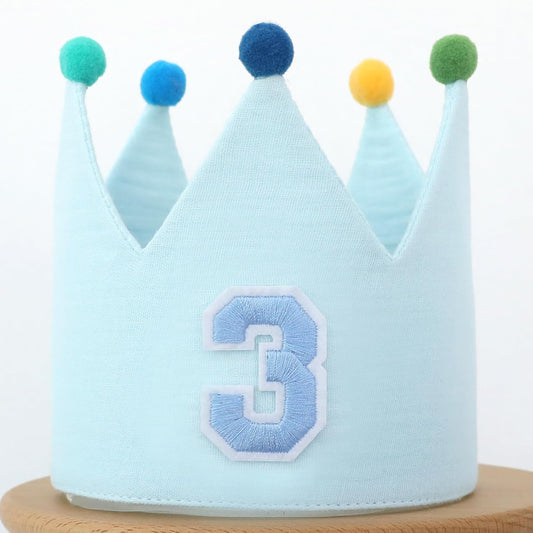 Muslin Crown Hat 1-3 Birthday For Baby Boy Girl Party Decoration Blue Pink Headband
