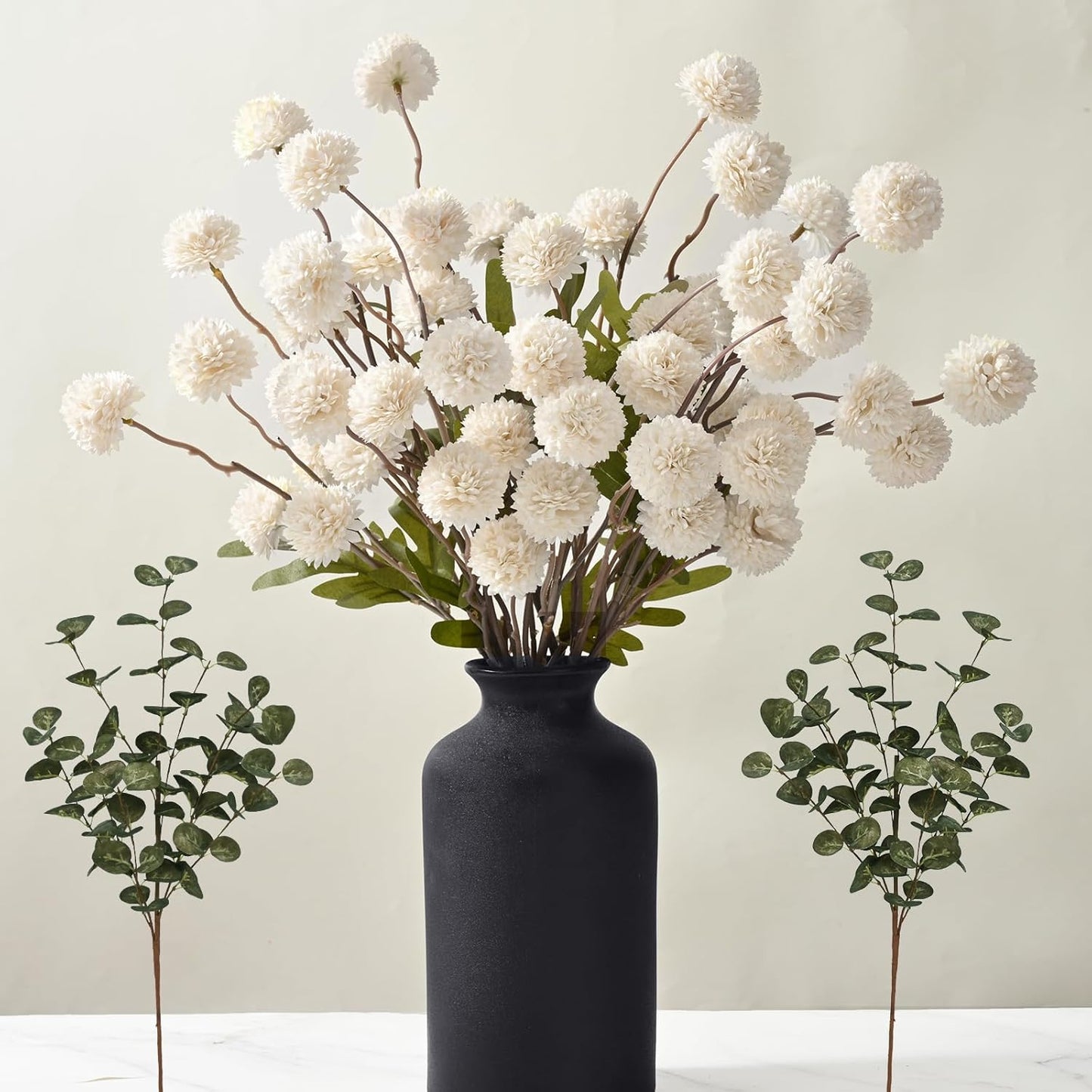Waipfaru 10pcs Fake Silk Pompon Mum Artificial Flowers, Bulk Faux Mini Chrysanthemums with 2pcs Eucalyptus Stems, for Centerpieces Wedding Fillers Champagne Arrangements Shower Decorations, White
