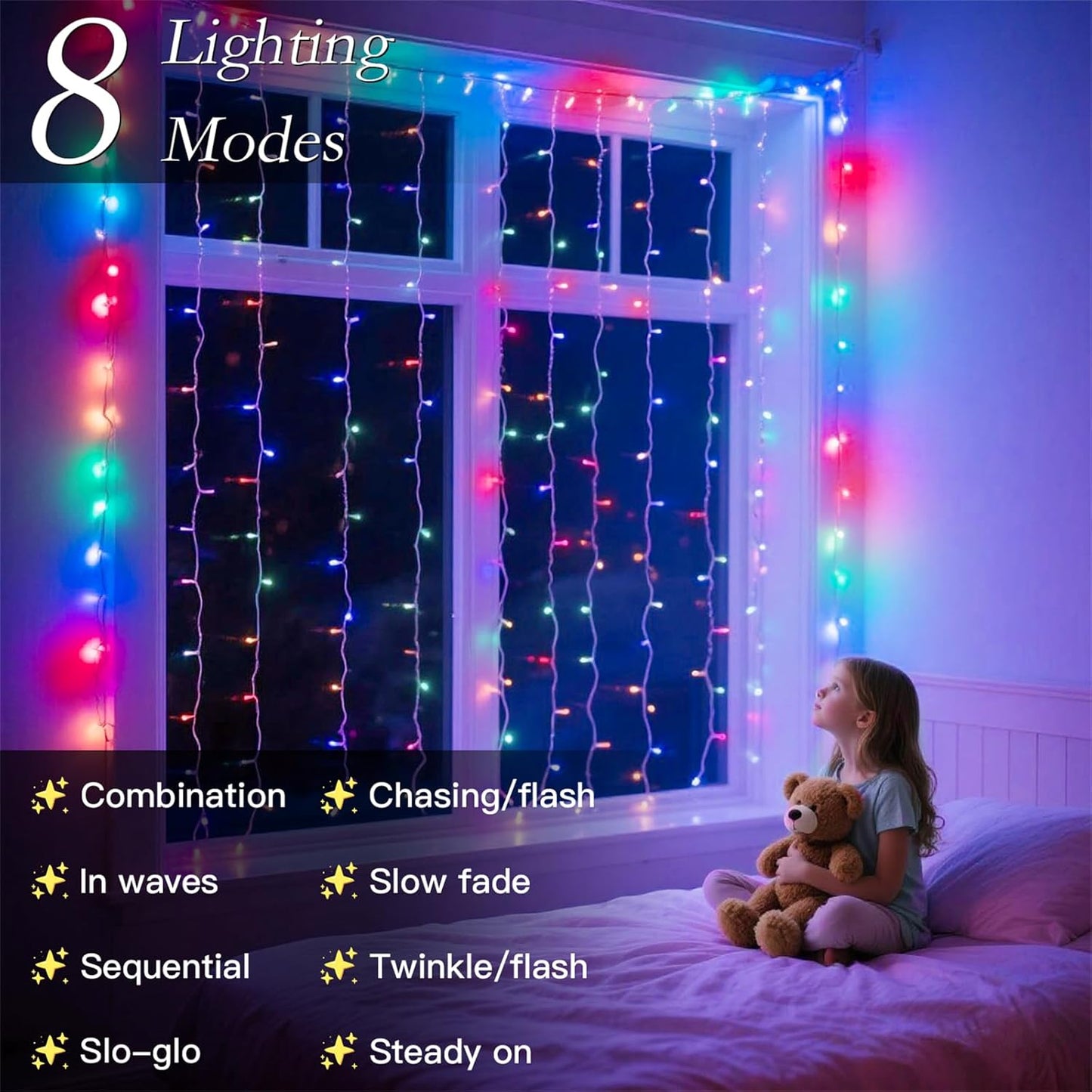 300 LED Rainbow Curtain String Lights 9.8 * 9.8FT Plug in Fairy with Timer and 8 Modes, Waterproof Window Wall Lights for Bedroom Wedding Party Indoor Outdoor Christmas Decor