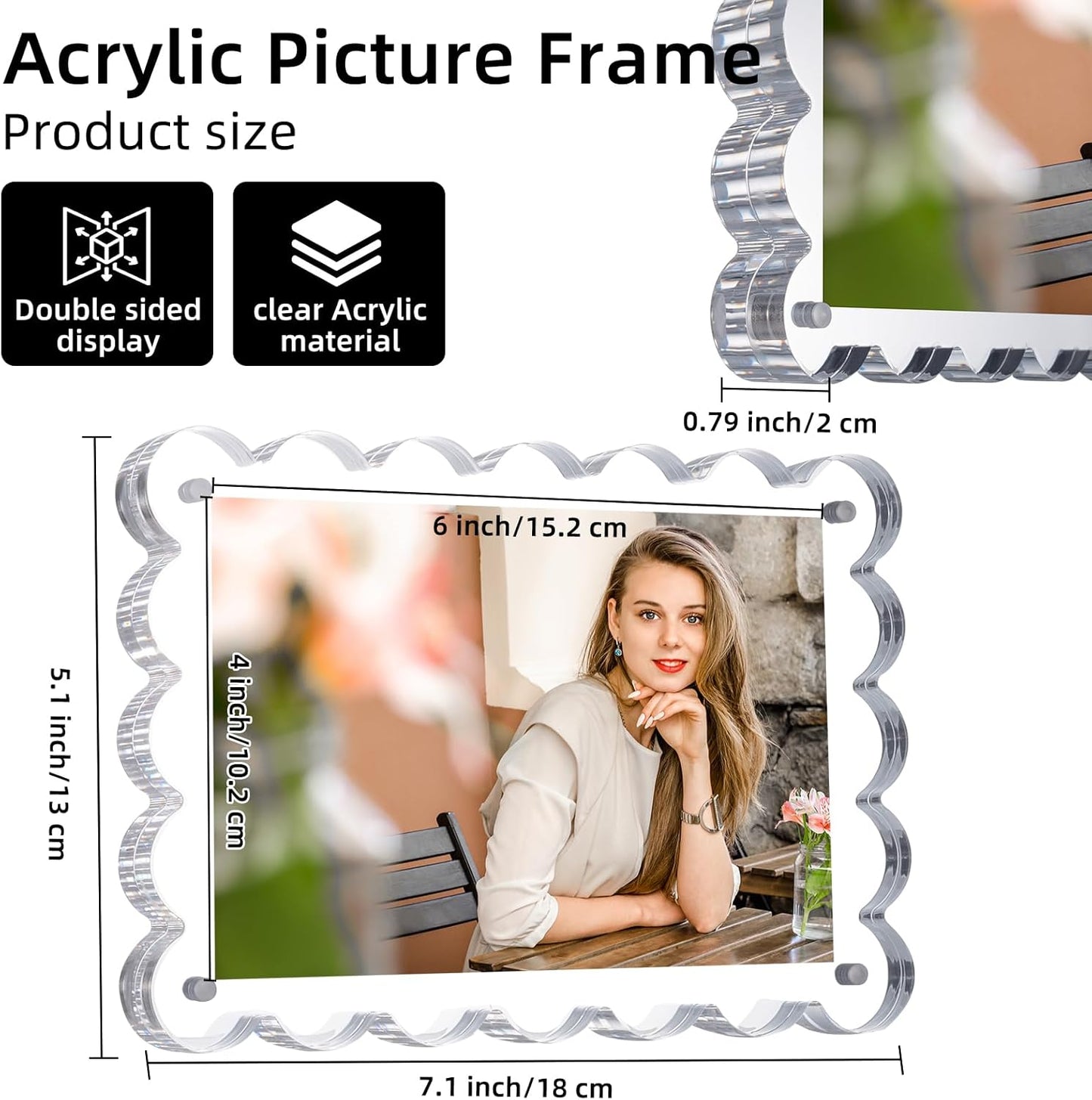 3 Pack Acrylic Picture Frame: 4x6inch Magnetic Picture Frames, Double Sided Magnet Frames,10+10mm Thick Block, Clear Photo Scalloped Frames Freestanding for Desktop Display (Clear, 4X6)