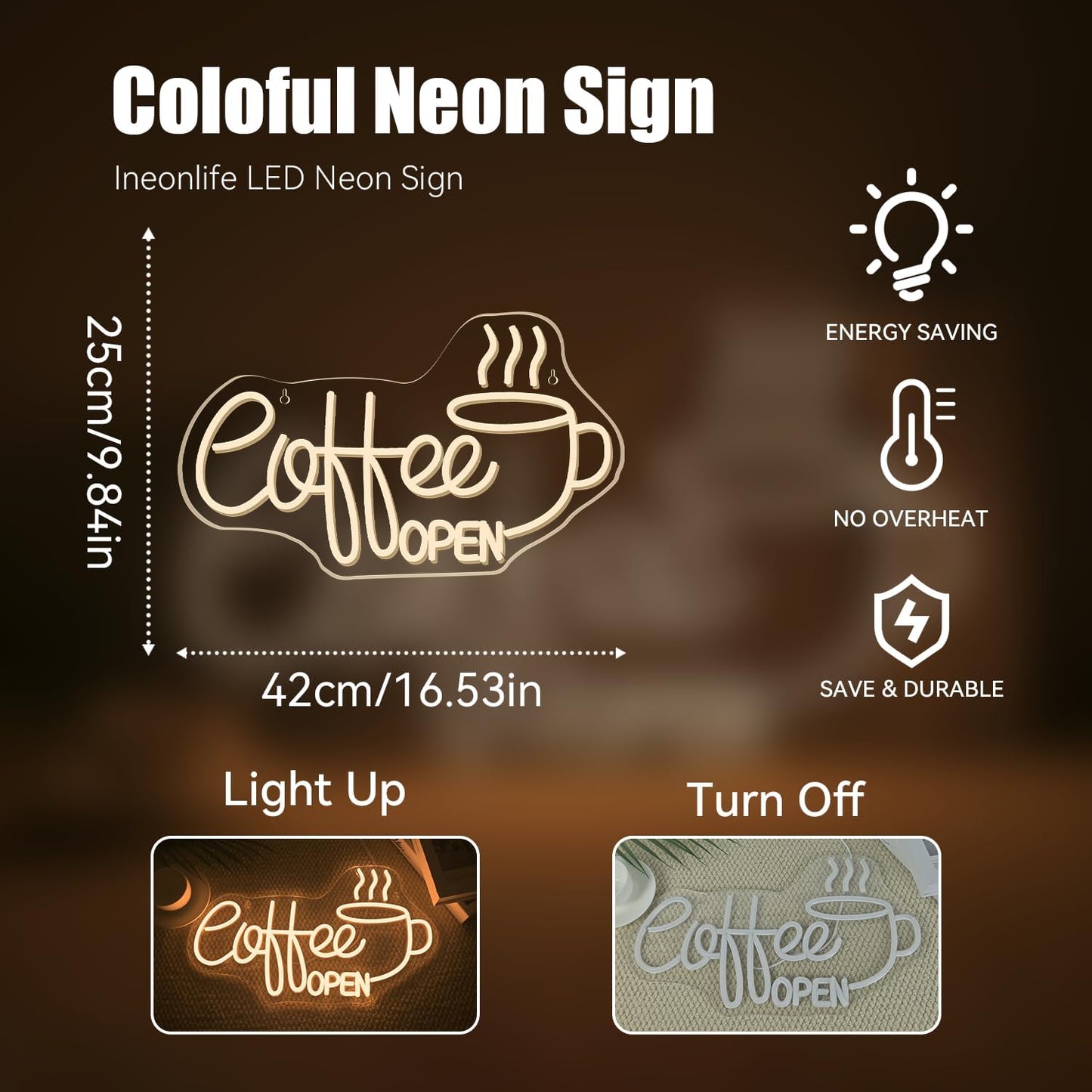Ineonlife Coffee Open Neon Sign Light Up for Wall Decor Modern Led Sign for coffee bar Small Acrylic Art Decor for cafe business restaurant club party man cave Decorations 16.53x9.84 inch USB POWER