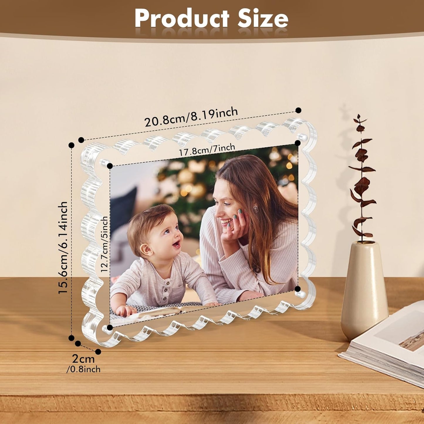 3Pack Magnetic Acrylic Picture Frames 5×7 Inch - Scalloped Photo Frame with 10+10mm Thick Block, Double Sided Clear Frames for Desktop Display | Trendy Home Gift (Clear, 5X7)