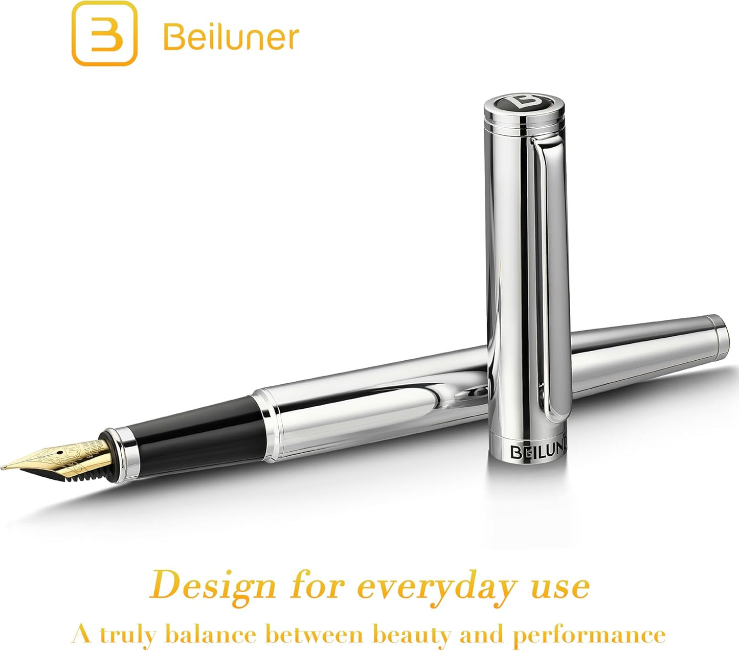 BEILUNER Silver Fountain Pen,Stunning Luxury Pens with Bright Silver Chrome, Gorgeous 24K Gilded Nib(Medium), Fancy Pen Gift for Men&Women -Ink Converter-Elegant, Office,Nice Pen for Writing