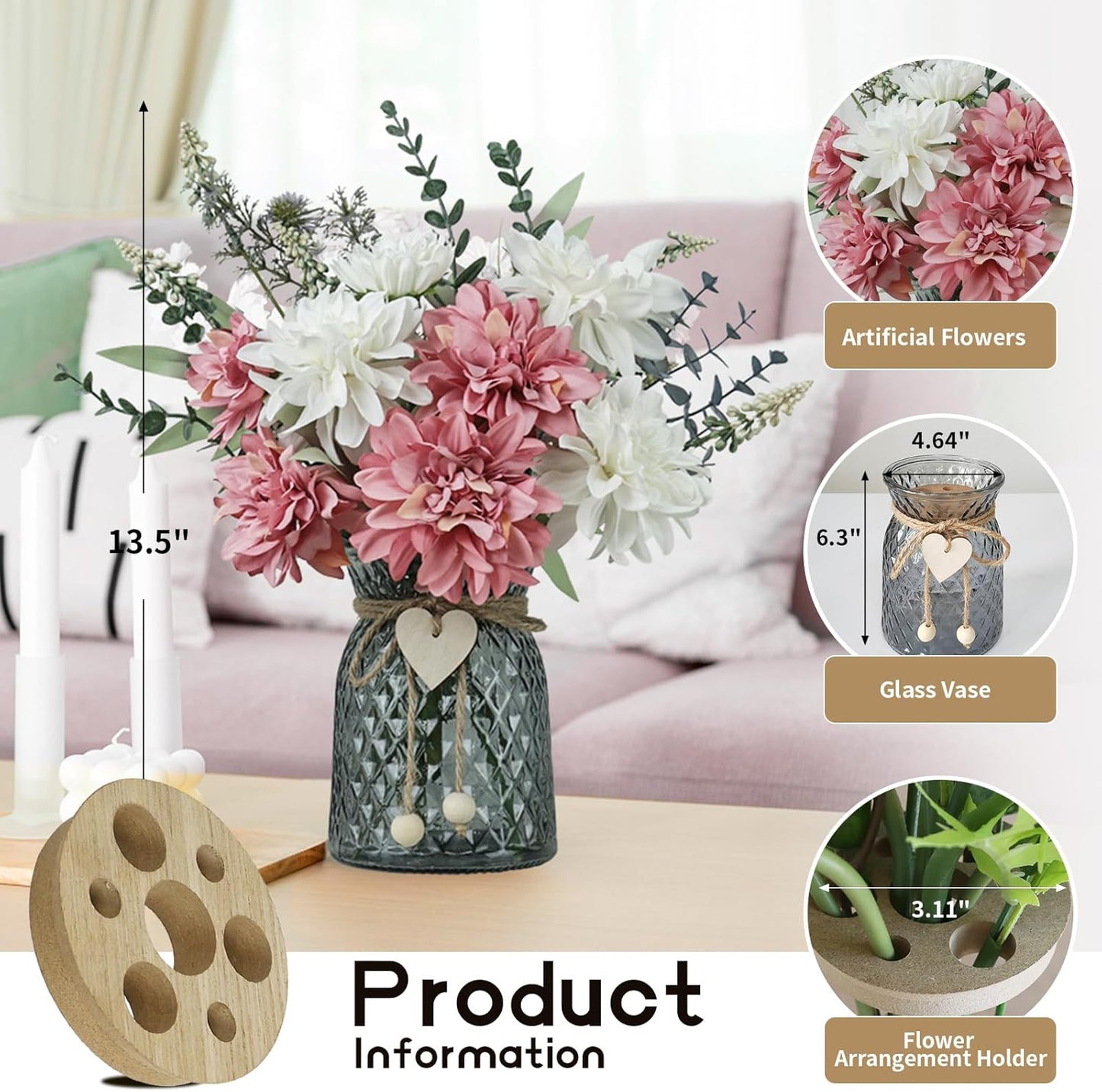 Fake Flowers in Vase,8 Dahlias,Silk Artificial Flowers in Vase,Faux Flowers in Vase with a Flower Arrangement Holder,Centerpiece Table Decorations