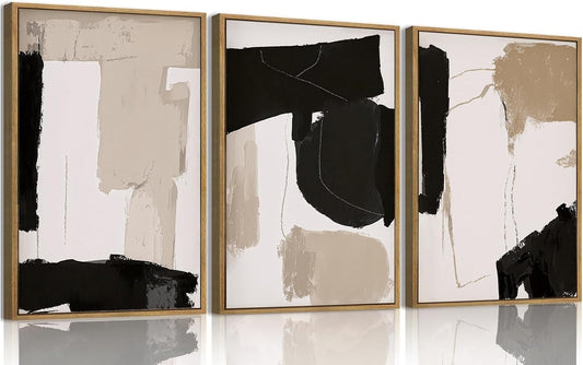 myusuar 3 Piece Large Modern Abstract Canvas Framed Wall Art For Living Room, Black And Beige Blocks Minimalist Wall Art Decor Posters Prints For Bedroom Office, 24x36in