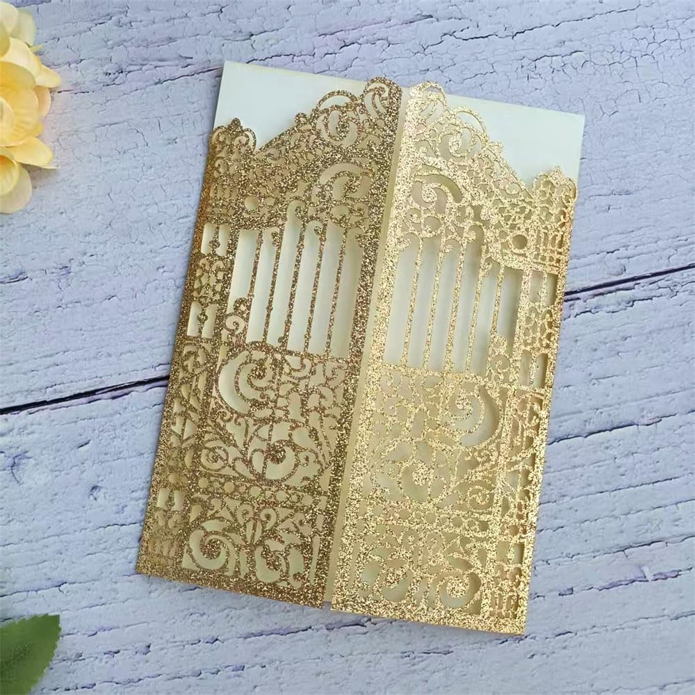 Glitter Laser Cut Gate Invitation Gold Castle For Wedding Valentine Birthday Quinceanera Sweet 16th 25 Sets (light rose gold glitter, 4.9"x7.1")