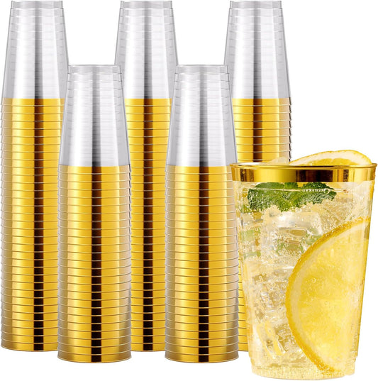 JOLLY CHEF 200 Pack 12 oz Gold Plastic Cups Elegant Gold Rimmed Disposable Cups Heavy-Duty Party Cups for Wedding & Party