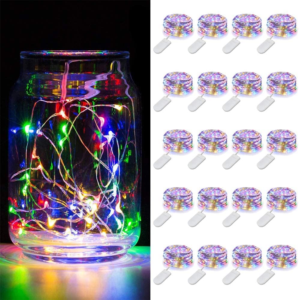 MUMUXI 20 Pack 3.3ft Fairy Lights Battery Operated String Lights, Mini LED Battery Powered Colored Waterproof Indoor Silver Wire Firefly Mason Jar Decor, Multicolor