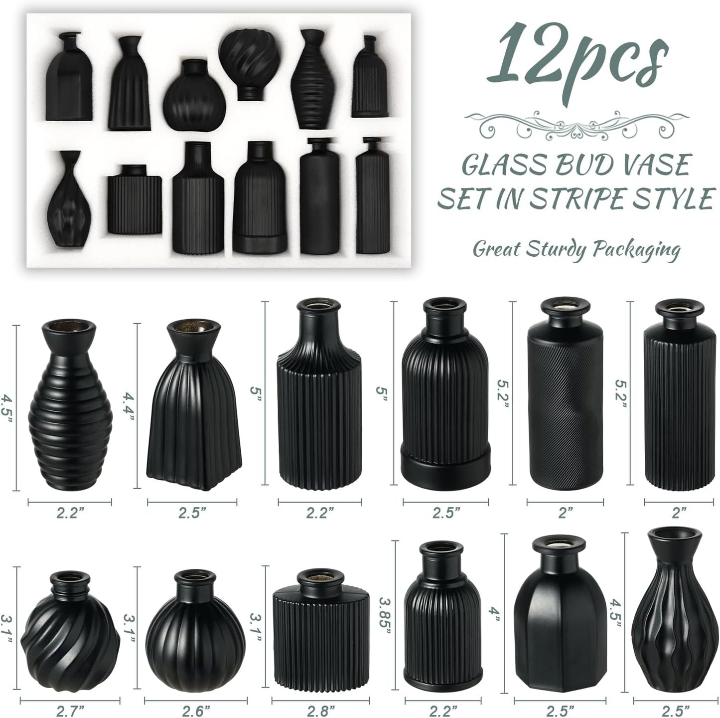 Black Vase, Bud Vases Set of 12, Small Glass Vase for Decor Centerpieces, Matte Ribbed Modern Vintage Flower Vases for Wedding Party Table Decoration Home Decor in Bulk