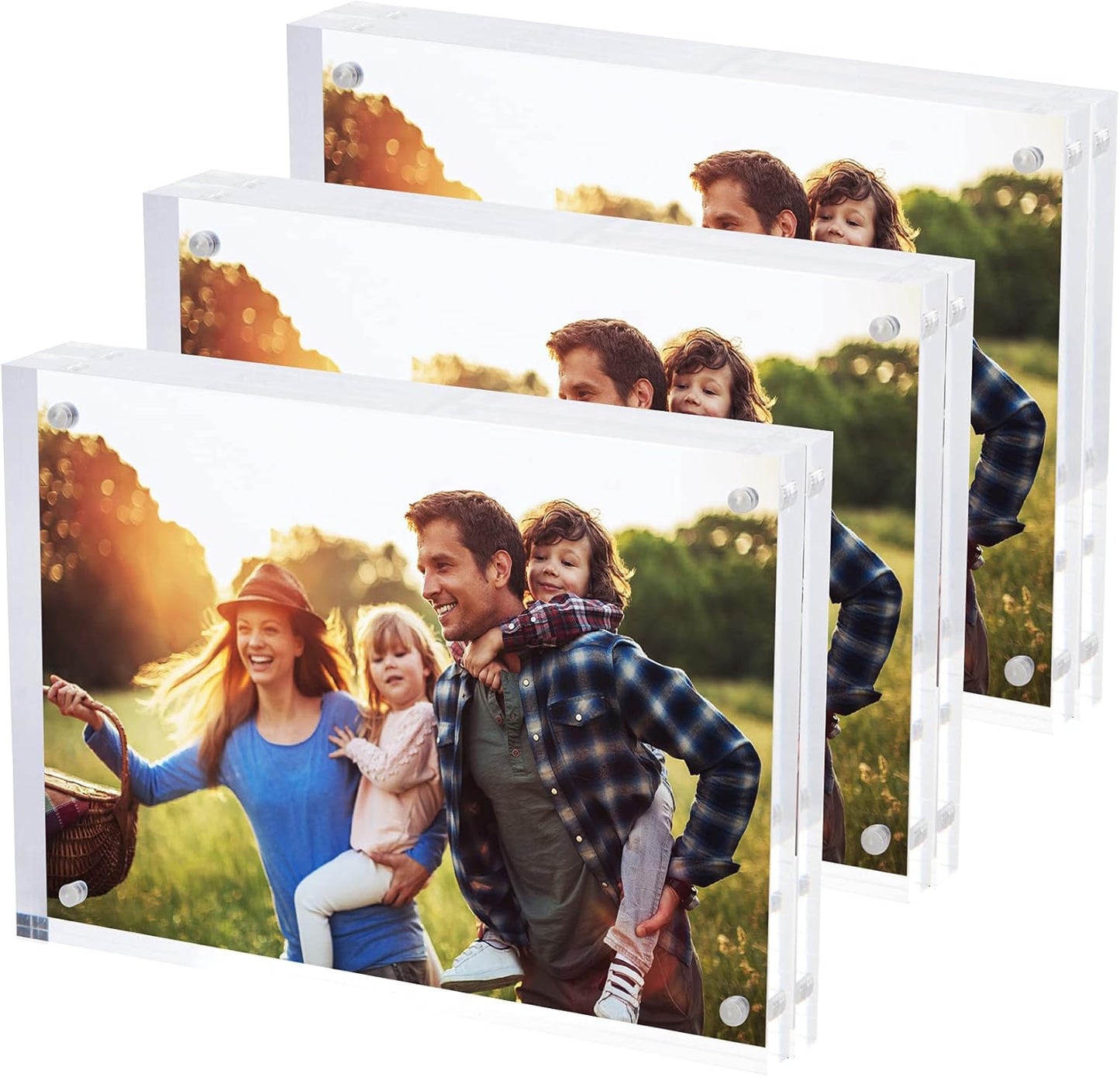 SimbaLux Magnetic Acrylic Picture Photo Frame 5x7 inches (3 Pack), Clear Glass Like, Double Sided Frameless Desktop Floating Display, Free Standing, Easy to Change