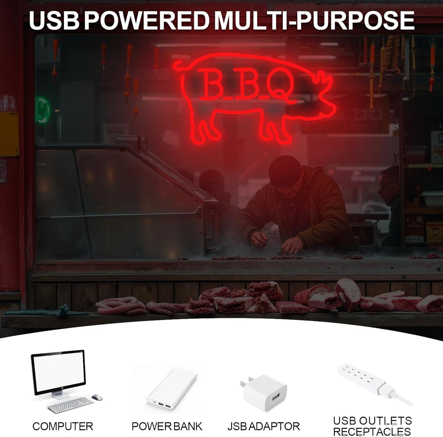 BBQ Pigs LED Neon Sign, Cute Pig LED Light for BBQ Restaraunt Frontstore Decoration, Versatile Wall Decor for Home, Bar, Party, 15.7"x9.1"