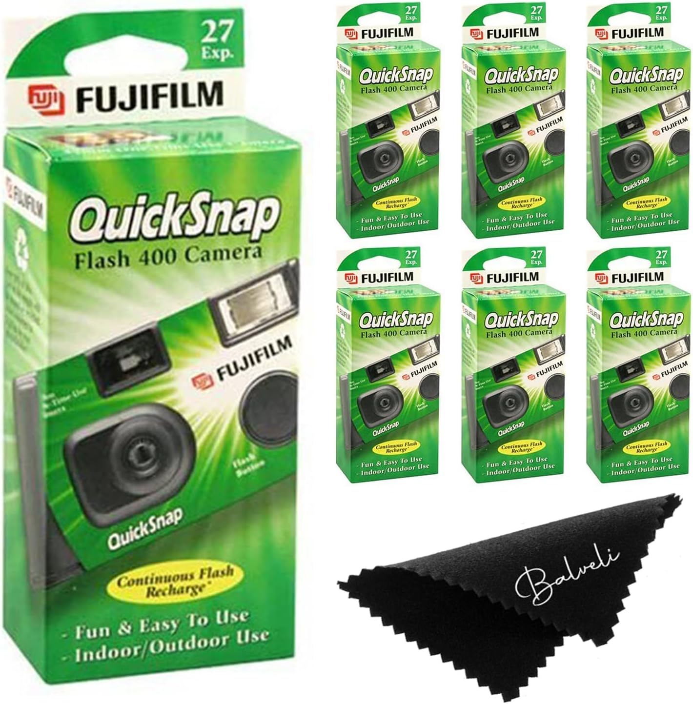 Fuji Film Quicksnap Flash Disposable Camera 400 Iso, 6 Pack, 35mm 27 Exp,with Balveli Coth, Fuji Film Disposable Camera Bulk, 6 Pack of Fuji Disposable Cameras.
