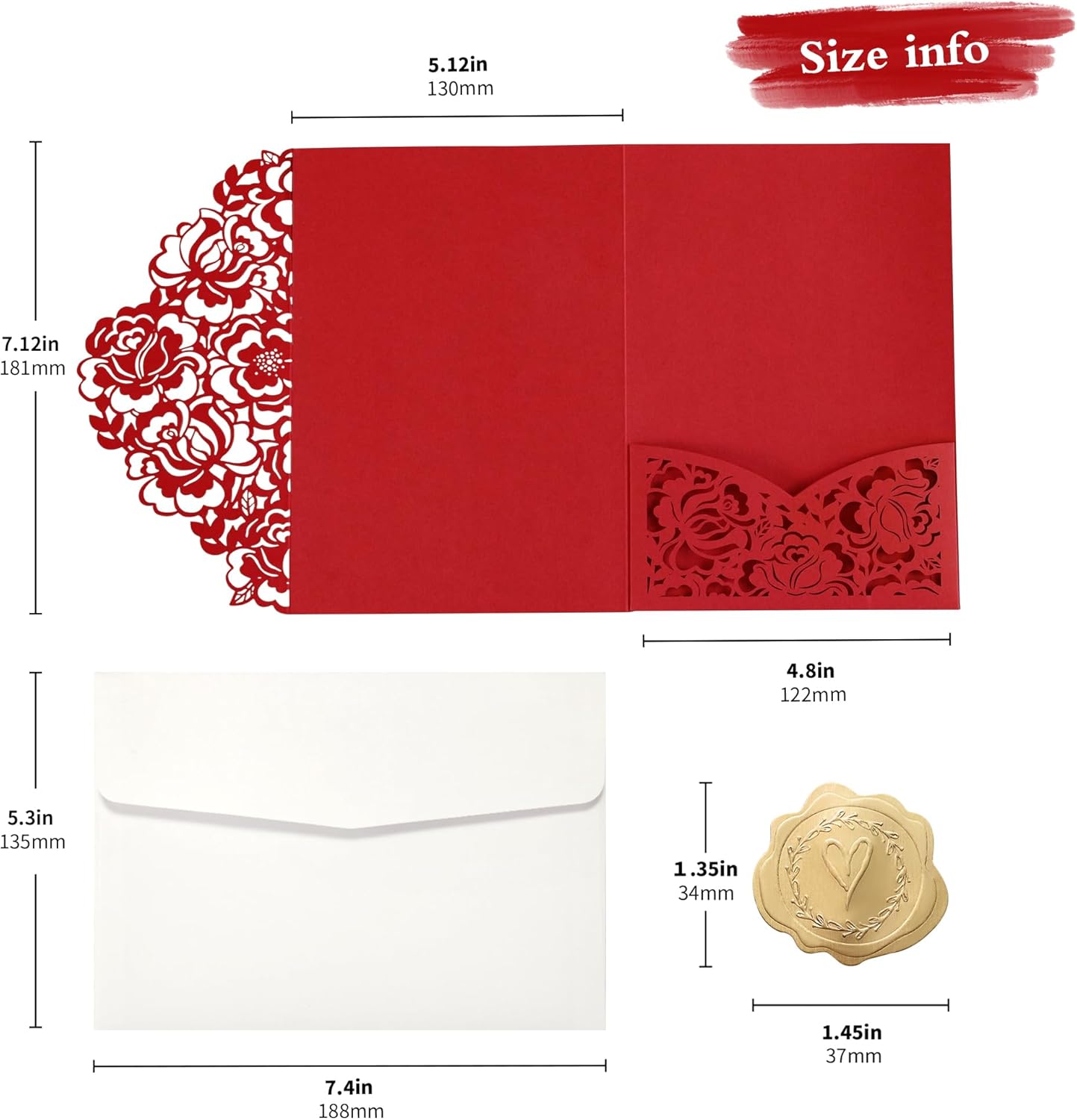 DORIS HOME 50pcs Laser Cut Quinceanera Invitation Pockets with Envelopes Red, 5.12" x 7.12"Invitation Cards for Birthday, Miss 15, Sweet 16 (No Inserts Included)