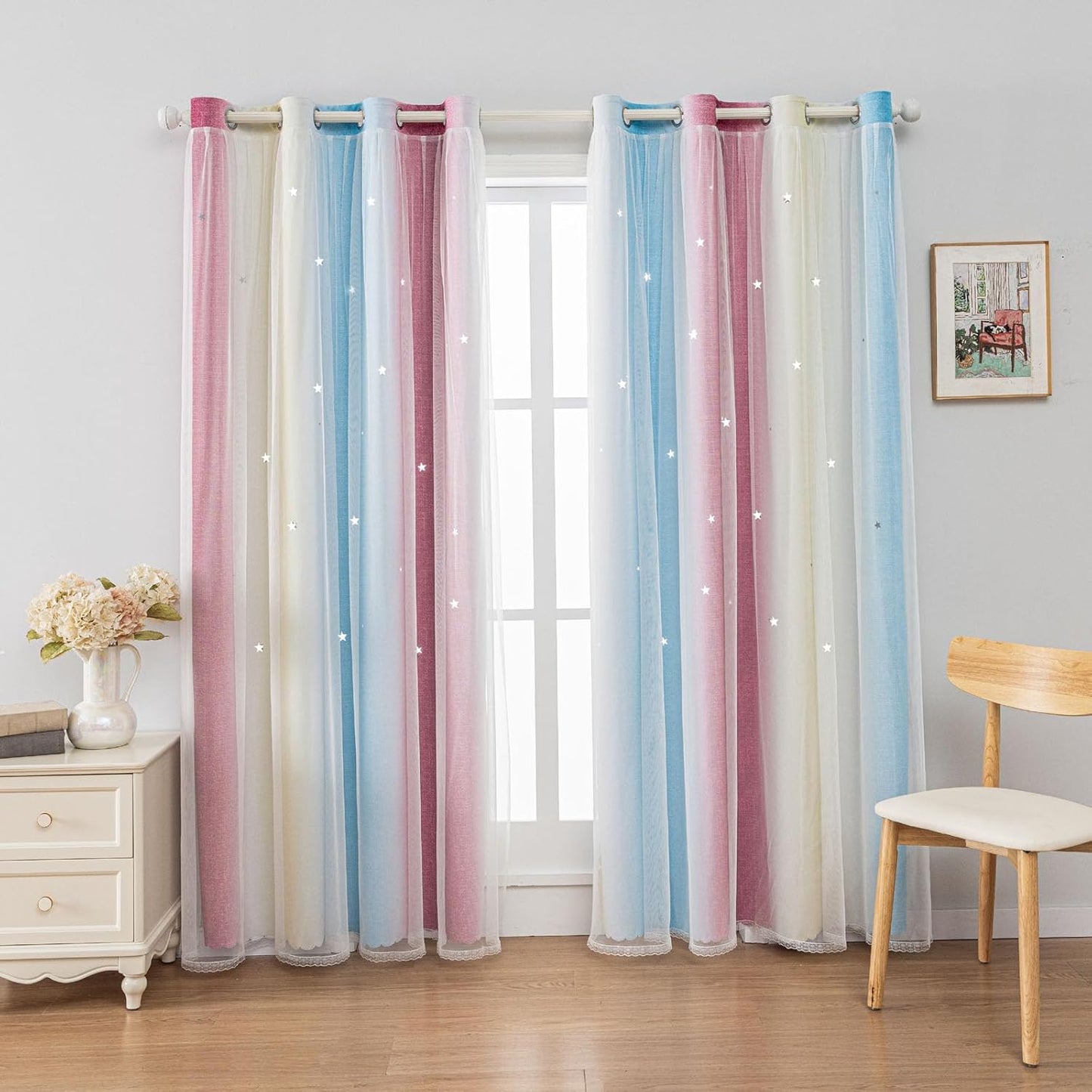 FANLI Ombre Rainbow Blackout Curtains for Kid Girls Bedroom Living Room Darking Stripe Double Layer Star Cut Out Wall Home Decor Gradient Grommet Window Curtains （Blue Purple 52Wx63L）