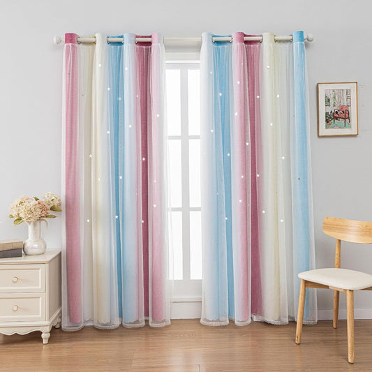 FANLI Ombre Rainbow Blackout Curtains for Kid Girls Bedroom Living Room Darking Stripe Double Layer Star Cut Out Wall Home Decor Gradient Grommet Window Curtains （Blue Purple 52Wx63L）