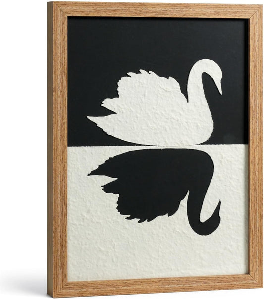 VIYYIEA Framed 3D Textured Wall Art, Handmade Paper Artwork,12x16inch, Modern Minimalist Black White Decor for Living Room Bedroom Shelf, Swan Reflection Abstract Picture