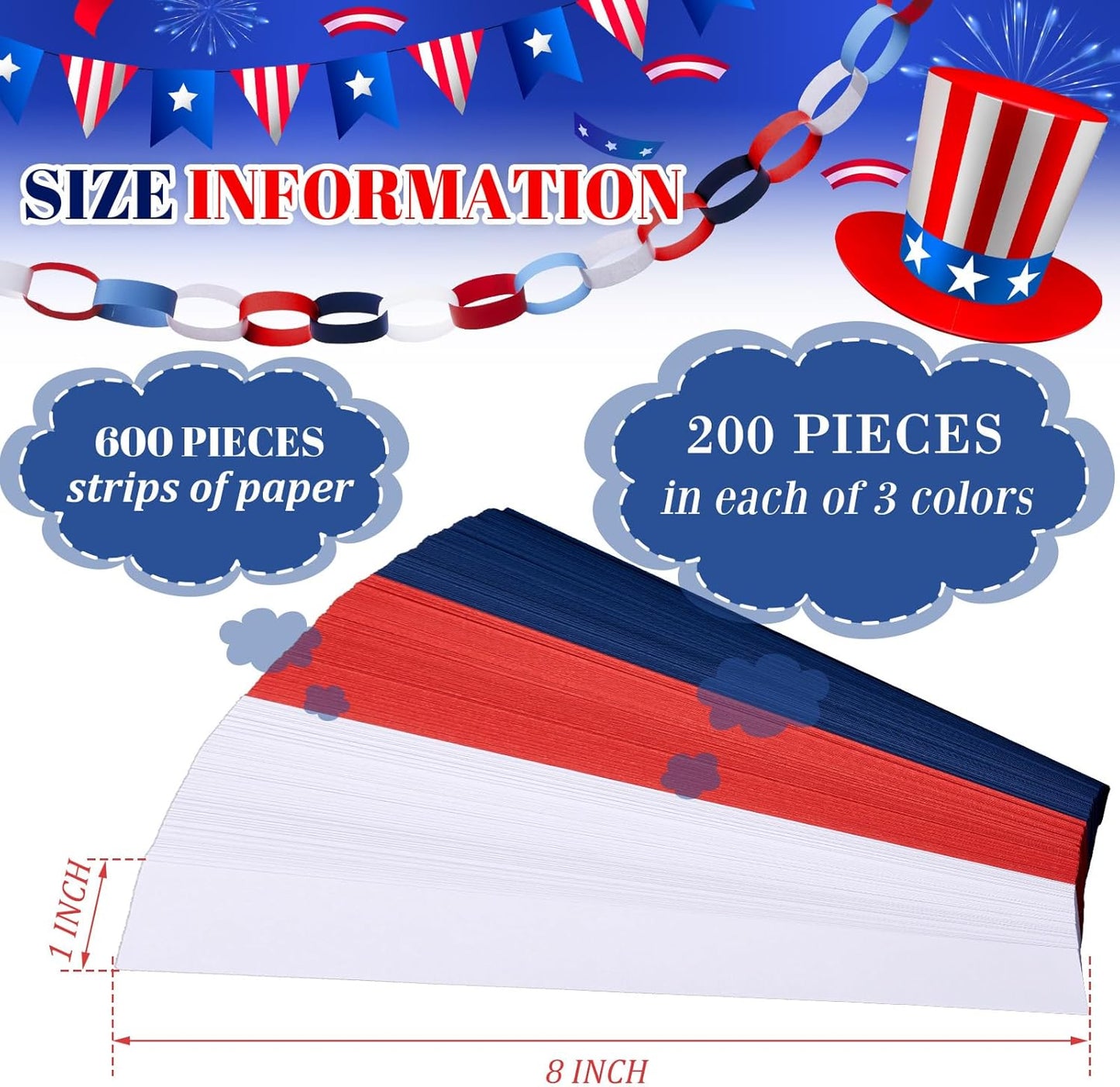 Lincia 600 Sheet Halloween Paper Chain Garland, Construction DIY Crafts Chain Strip for Fall Thanksgiving Party Decor, 1x8 Inch with Double Sided Tape (Independence Day)