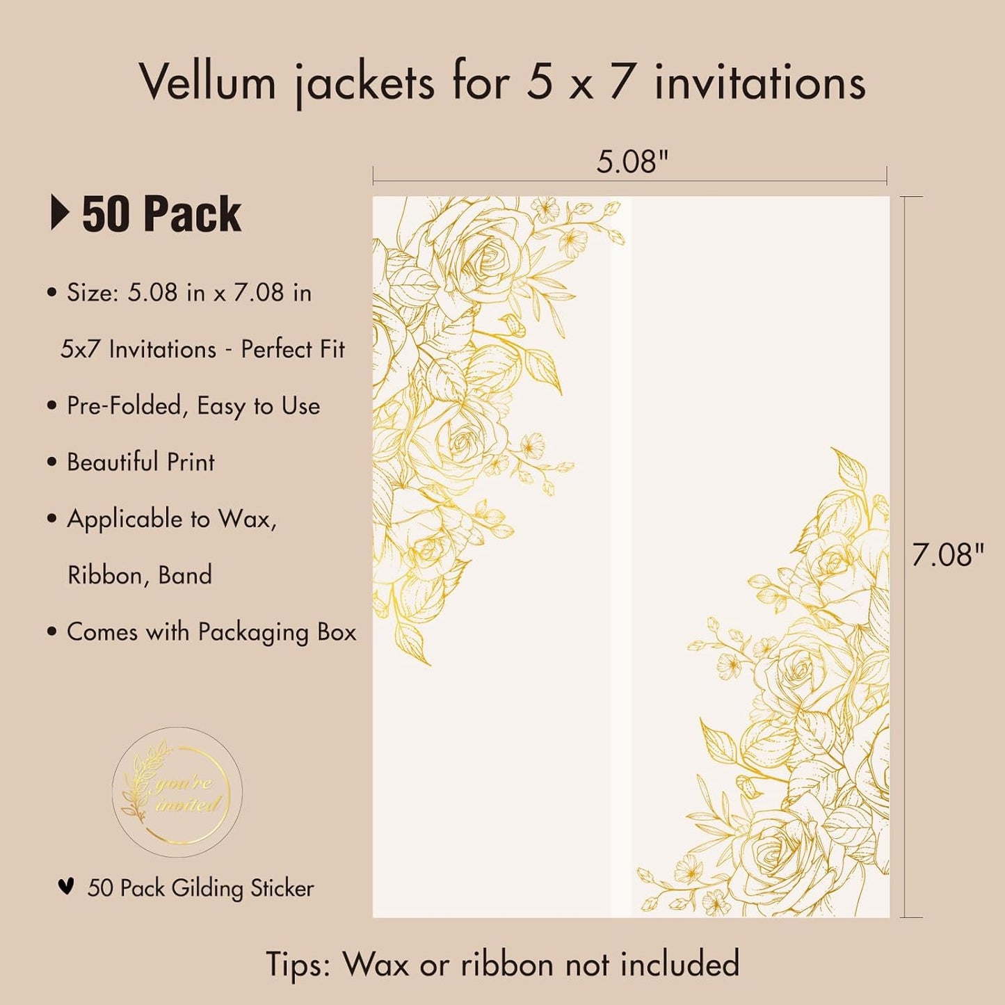 50 Pack Pre-Folded Vellum Jackets for 5x7 Invitations,AZAZA Gorgeous Translucent Invitation Sleeves,115GSM Vellum Jackets 5x7, Wedding Invitation Accessories,for Weddings Birthdays,Golden Roses