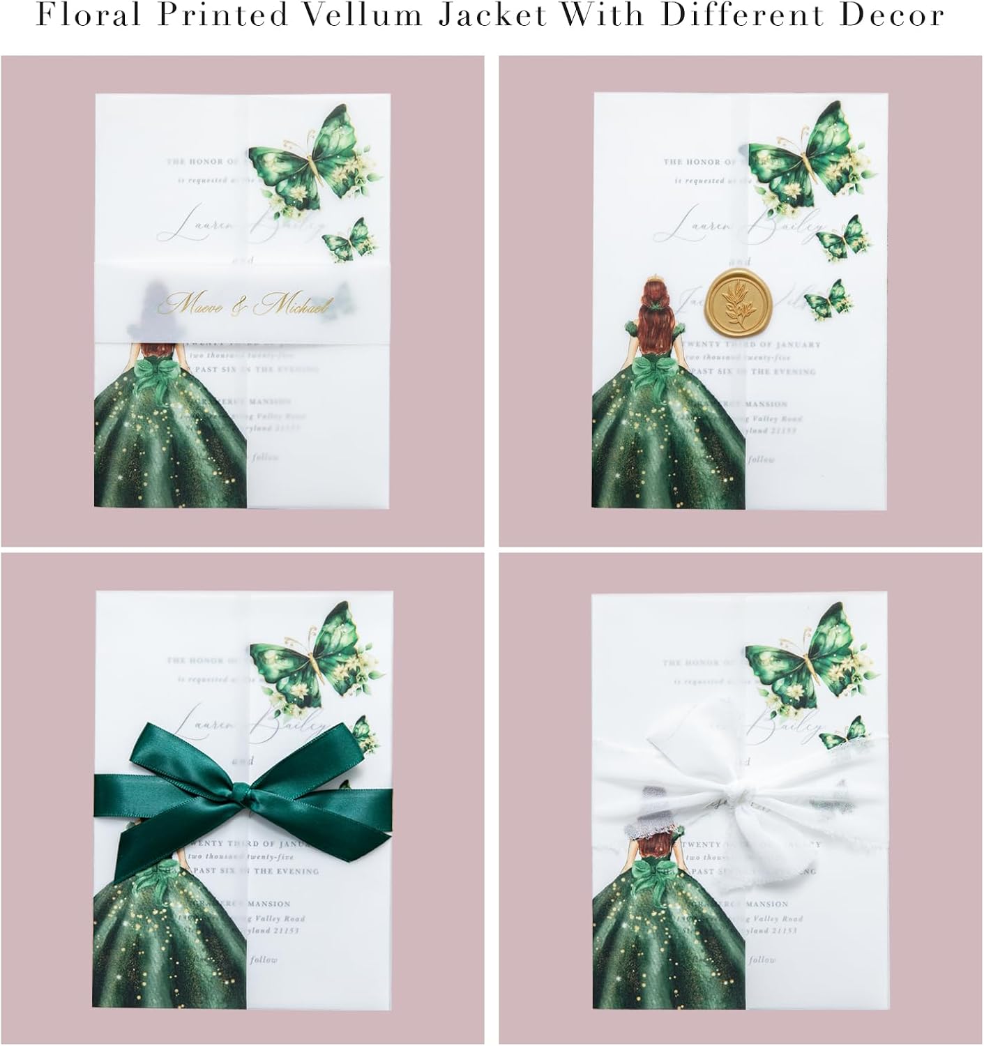 PONATIA 50 PCS Vellum Jackets for 5x7 Invitations - Vellum Paper 5x7 Jackets - 135GSM Emeral Green Girl - Butterfly Quinceanera Invitations Wraps (Emerald Green Girl)