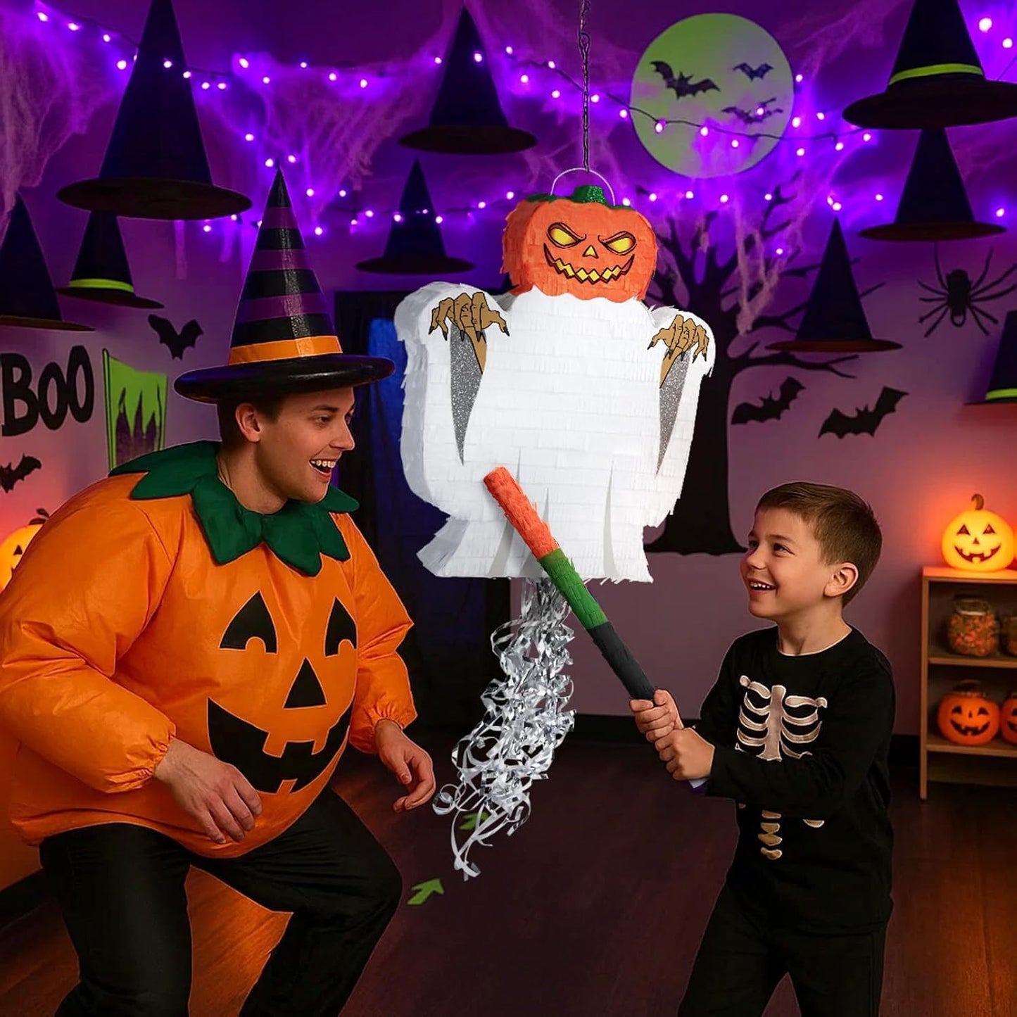 WERNNSAI Halloween Ghost Pinata - Halloween Party Decorations Hallow-een Pumpkin Party Games for Kids Trick or Treat Theme Party Haunted House Jack O Lantern Decorations with Bat Blindfold