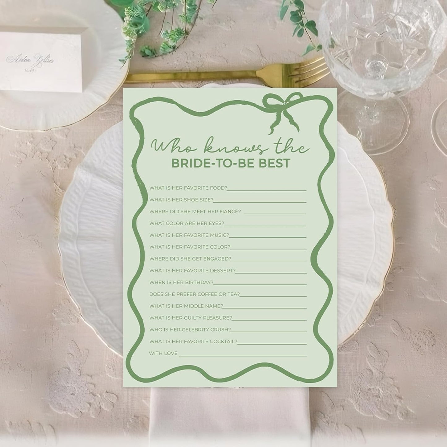 DEEKA 30 PCS Bridal Shower Games Card for 30 Guests Sage Green Wavy Border Ribbon Bow Funny Wedding Bachelorette Party Games for Reception (Who Knows The Bride-to-be Best)